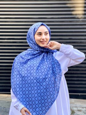Mahek - Blau Gemustert Baumwolle Hijab