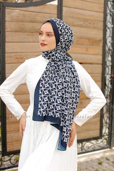 Navy Blau Gemusterter Twill Hijab - Sal Evi