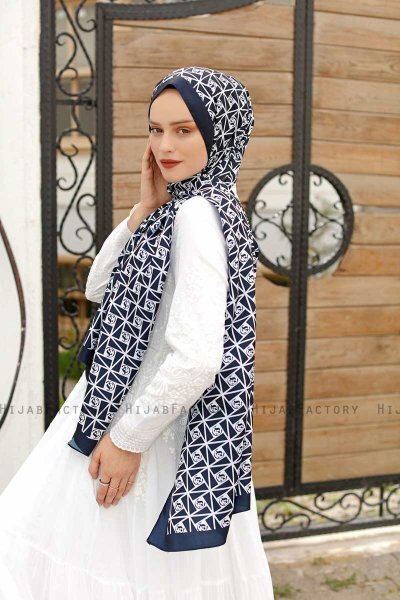 Navy Blau Gemusterter Twill Hijab - Sal Evi