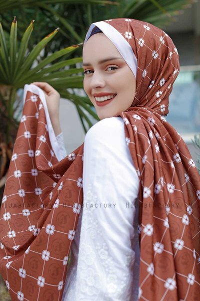 Zimt Gemusterter Twill Hijab - Sal Evi