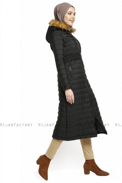 Yeliz - Schwarz Lange Jacke Mit Kapuze