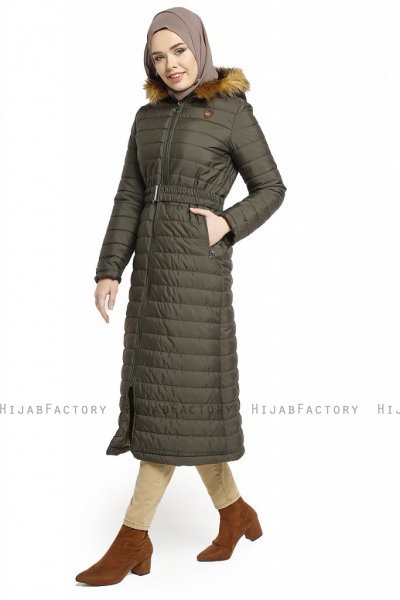 Yeliz - Khaki Lange Jacke Mit Kapuze