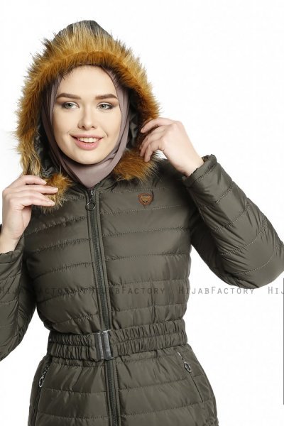 Yeliz - Khaki Lange Jacke Mit Kapuze