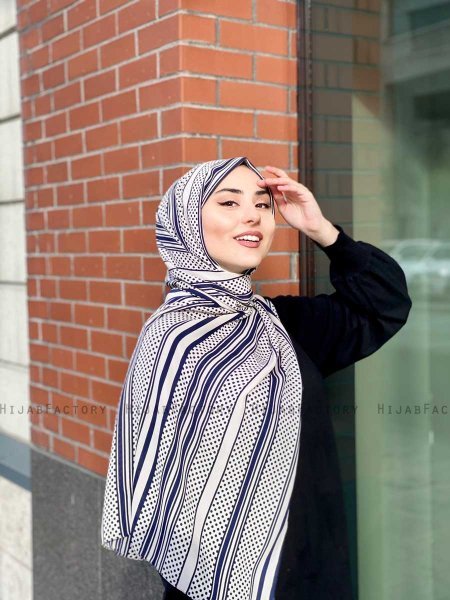 Dalal - Navy Blau & Creme Gemustert Crepe Hijab