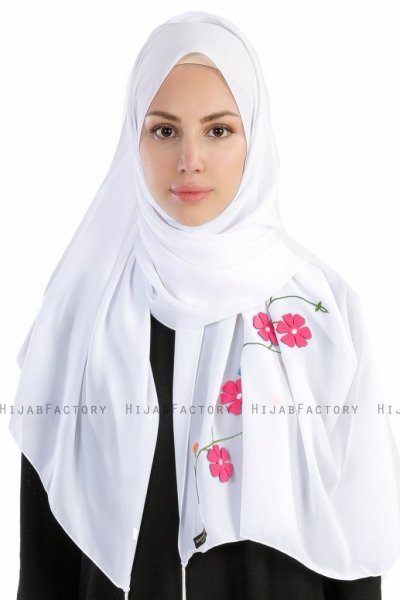 Damla Vit Hijab Sjal Med Blommor Madame Polo 130002-1