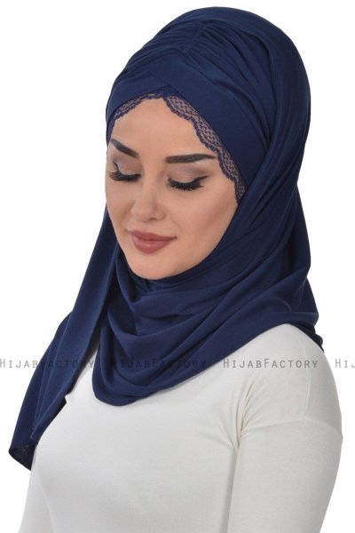 Filippa - Navy Blau Baumwolle Praktisch Hijab - Ayse Turban