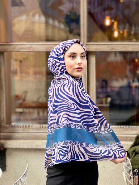 Kadifa - Navy Blau & Beige Gemustert Baumwolle Hijab - Mirach