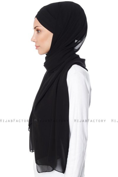 Mehtap - Schwarz Praktisch Fertig Chiffon Hijab