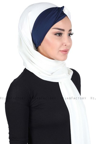 Mikaela - Creme & Navy Blau Baumwolle Praktisch Hijab