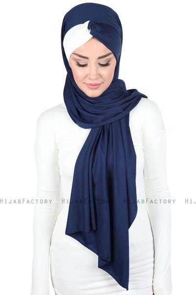 Mikaela - Navy Blau & Creme Baumwolle Praktisch Hijab