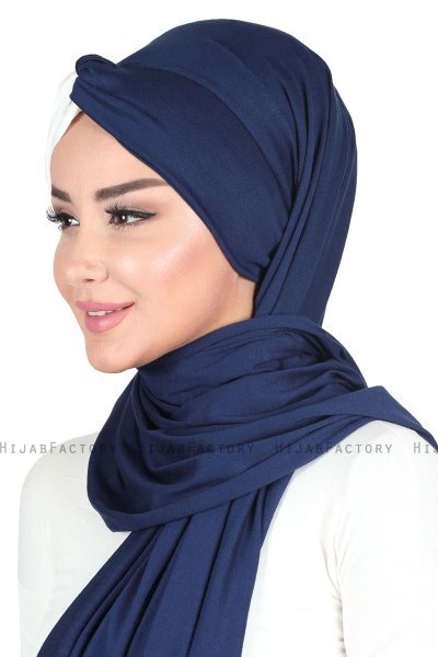 Mikaela - Navy Blau & Creme Baumwolle Praktisch Hijab