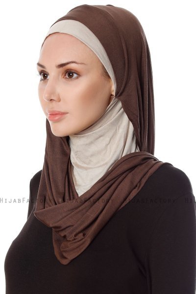 Naz - Braun & Helltaupe Praktisch Fertig Hijab - Ecardin