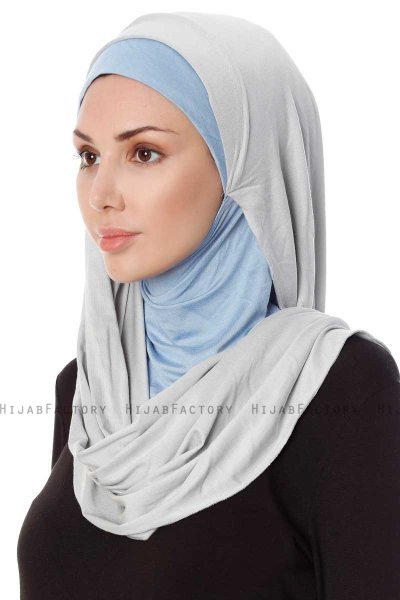 Naz - Hellgrau & Hellblau Praktisch Fertig Hijab - Ecardin