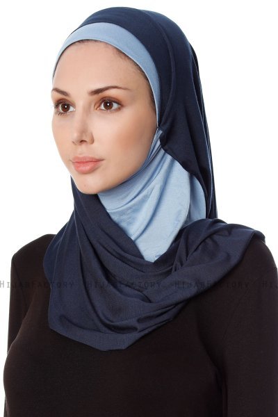 Naz - Navy Blau & Hellblau Praktisch Fertig One Piece Hijab - Ecardin