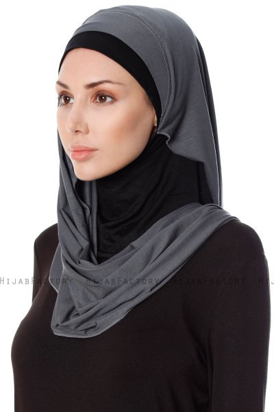 Naz - Dunkelgrau & Schwarz Praktisch Fertig Hijab - Ecardin