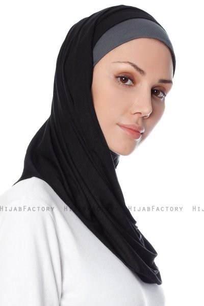 Naz - Schwarz & Dunkelgrau Praktisch Fertig Hijab - Ecardin