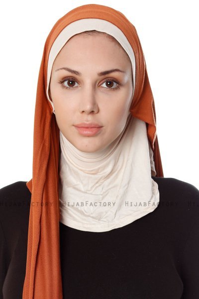 Naz - Ziegelrot & Leichte Beige Praktisch Fertig Hijab - Ecardin