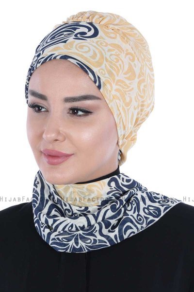 Regina - Navy Blau & Gelb Chiffon Instant Turban