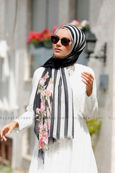 Vezna - Schwarz Gemustertes Hijab - Sal Evi