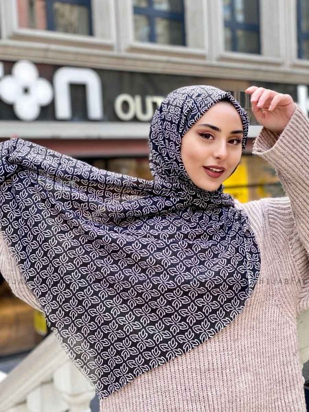 Wahida - Schwarz Gemustert Baumwolle Hijab - Mirach